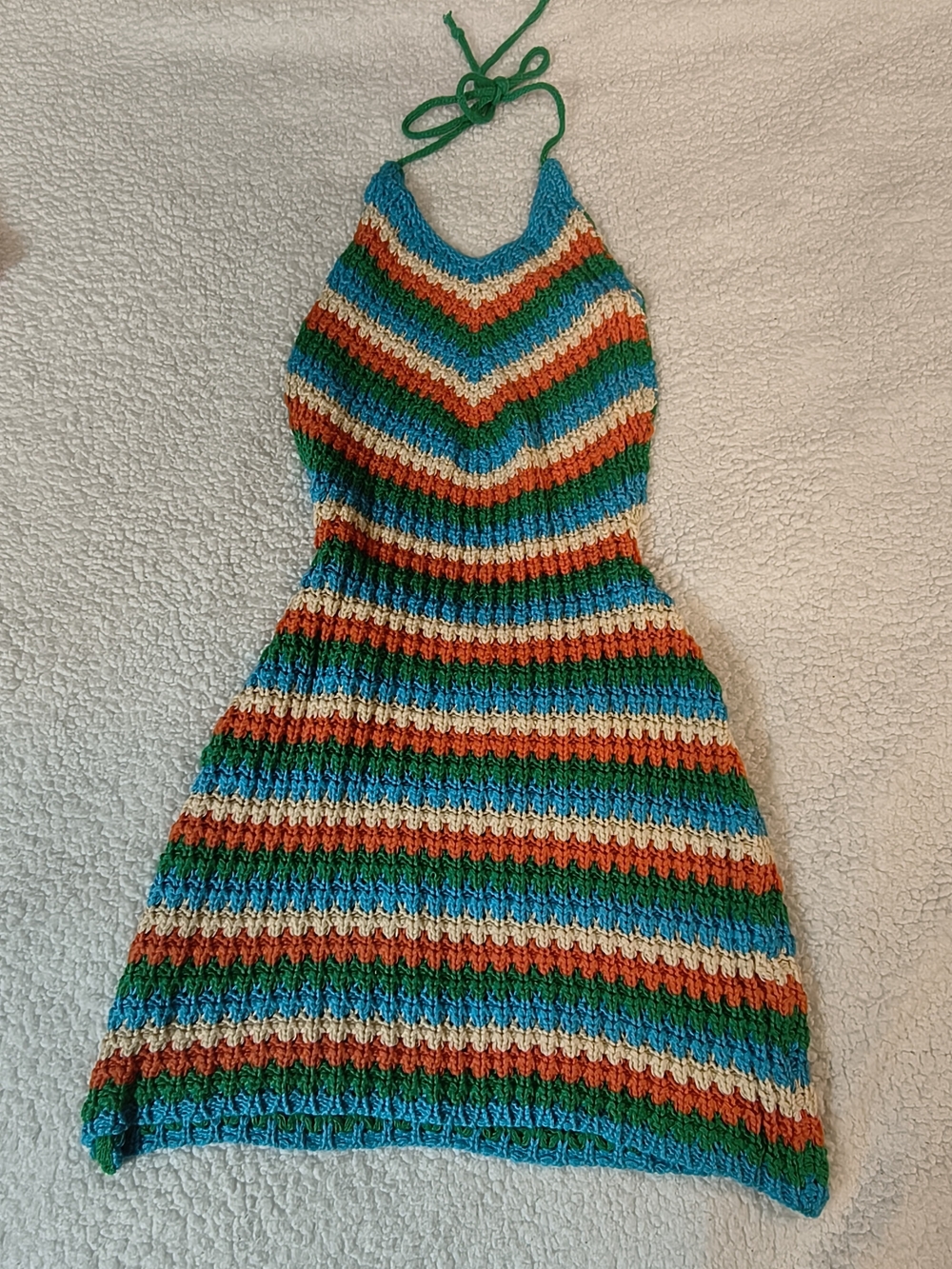 Princess Polly Striped Crochet Halter Mini Dress in Teal, Green, Cream, Orange